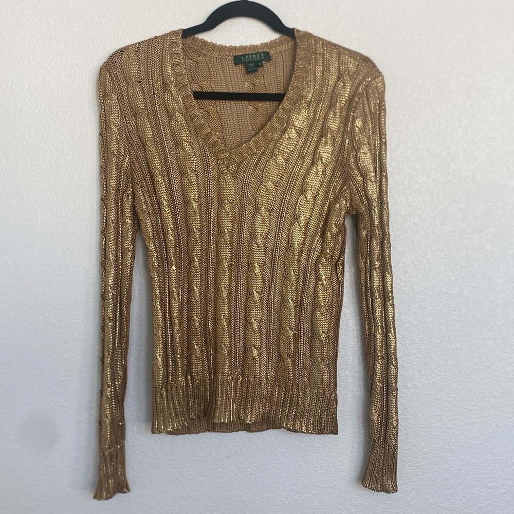 LAUREN Ralph Lauren Cable Knit Metallic V-Neck Sweater SIZE M               NWOT